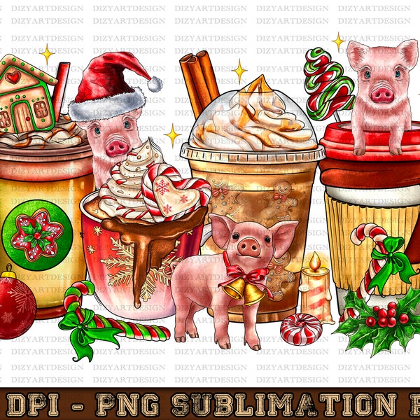 Merry Christmas Pigs Coffee Cups Png Sublimation Design, Pig Coffee ,Coffee Cup Png,Christmas Pig Png,Pig Coffee Cup Png,Digital Download