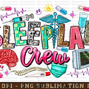 Może przedstawiać: Kolorowy projekt graficzny z tekstem "SLEEP LAB Crew" w kolorze różowym, niebieskim, zielonym i żółtym. Projekt zawiera mózg, stetoskop, monitor EKG, strzykawkę, termometr i tabletki.