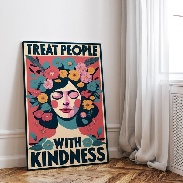 Treat people with kindness Poster, Tpwk Vintage Leinwand Bild, Retro Kunst, Boho Bohemien Druck, trendy Frau mit Blumen