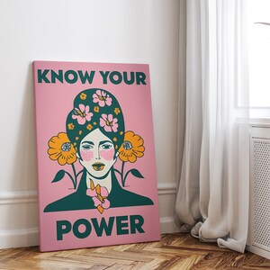 Image de toile féministe, Connaissez votre pouvoir, affiche rétro rose, image murale vintage rose, impression d’art boho boho, art mural tendance