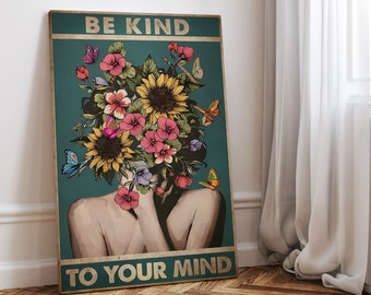 Be kind to your mind Poster, Vintage Leinwand, Retro Boho Bild in grün mit Blumen, self care love soul mental health positive mindset