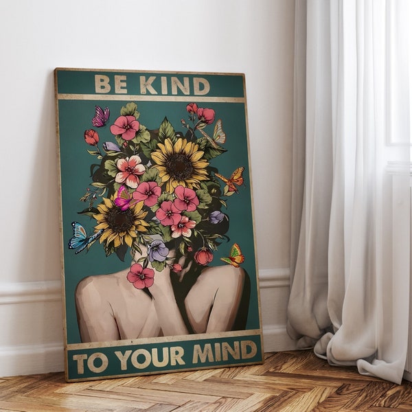 Be kind to your mind poster, vintage canvas, retro boho picture in green with flowers, self care love soul mental health positive mindset