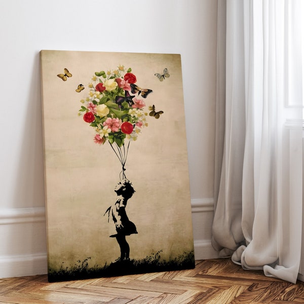 Banksy Leinwand Bild Poster Druck, Kind mit Blumen als Luftballon, Pop Art Vintage Retro Stil