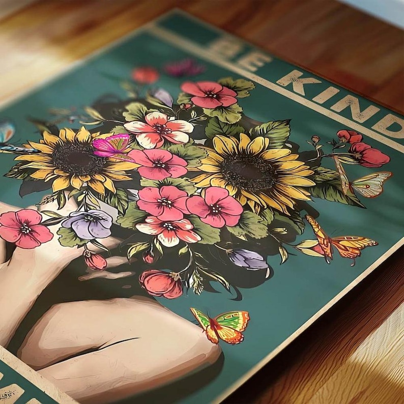 May include: A teal poster with a floral design. It features sunflowers, pink flowers, and butterflies. The words "BE KIND" are printed across the top in a vintage style. The artwork has a soft, artistic feel.