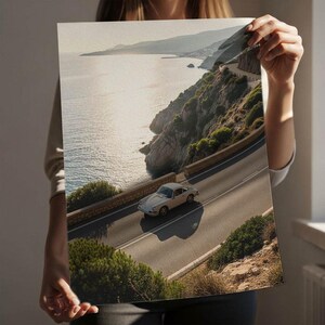 Porsche 911 on Lake Como / Amalfi Coast Poster, Vintage Porsche 911 Image, Landscape Photography Print, Yellow and White Porsche, Sports Car Motiv 2