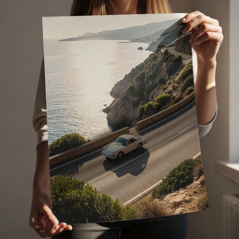Porsche 911 on Lake Como / Amalfi Coast Poster, Vintage Porsche 911 Image, Landscape Photography Print, Yellow and White Porsche, Sports Car Motiv 2