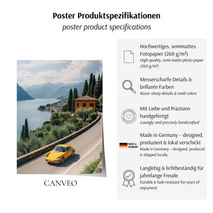 May include: A poster print showing a yellow sports car on a road by a lake, with mountains in the background. The poster includes the text "CANVEO" and product specifications, including high-quality, semi-matte photo paper and vivid colours.