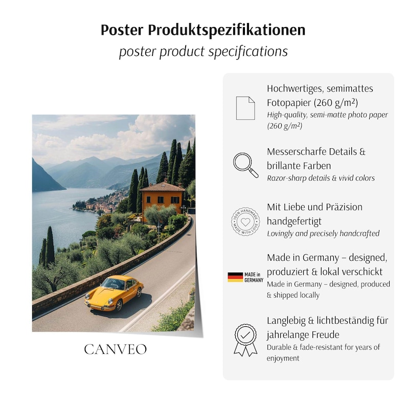 May include: A poster print showing a yellow sports car on a road by a lake, with mountains in the background. The poster includes the text "CANVEO" and product specifications, including high-quality, semi-matte photo paper and vivid colours.