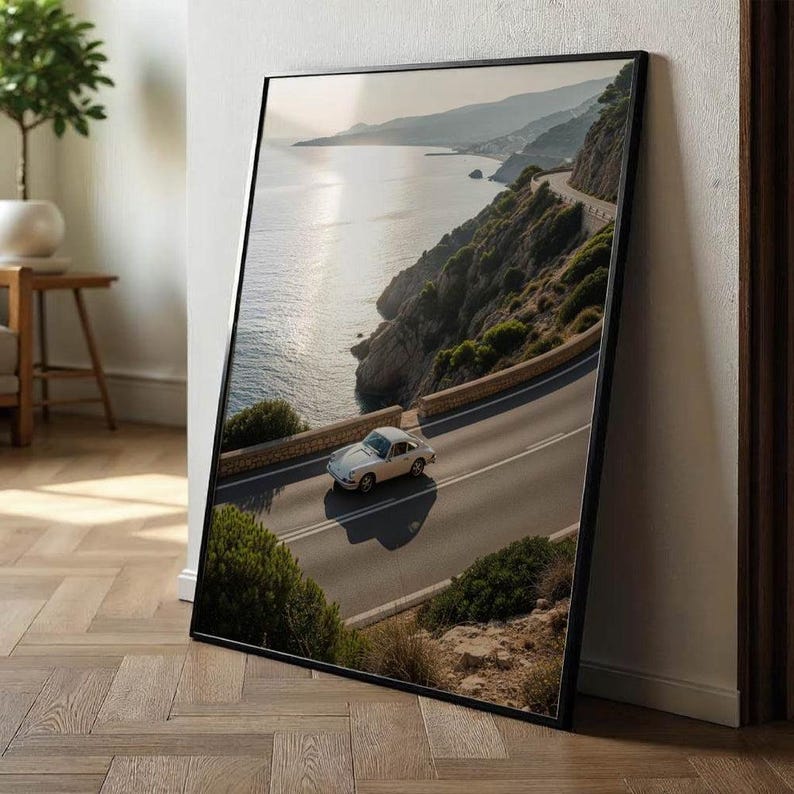 Porsche 911 on Lake Como / Amalfi Coast Poster, Vintage Porsche 911 Image, Landscape Photography Print, Yellow and White Porsche, Sports Car image 12