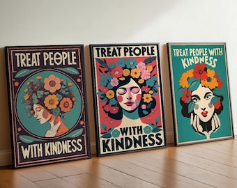 Tratta le persone con gentilezza, poster, arredamento positivo, poster retrò, arte murale spirituale, salute mentale, consapevolezza, benessere
