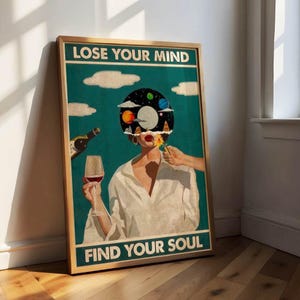 Lose your mind, find your soul vintage poster, retro canvas print in green, boho print, living room wall art, decor, wine, art print