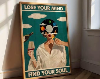 Poster vintage "Lose your mind, find your soul", stampa su tela retrò in verde, stampa boho, decorazione murale per soggiorno, arredamento, vino, stampa artistica