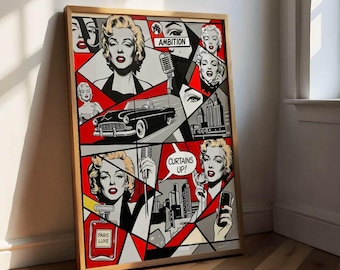 Poster di Marilyn Monroe, stampa su tela Pop Art a fumetti in rosso, collage di glamour hollywoodiano, decorazione da parete retrò
