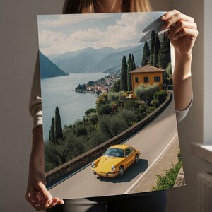 Porsche 911 on Lake Como / Amalfi Coast Poster, Vintage Porsche 911 Image, Landscape Photography Print, Yellow and White Porsche, Sports Car Motiv 1