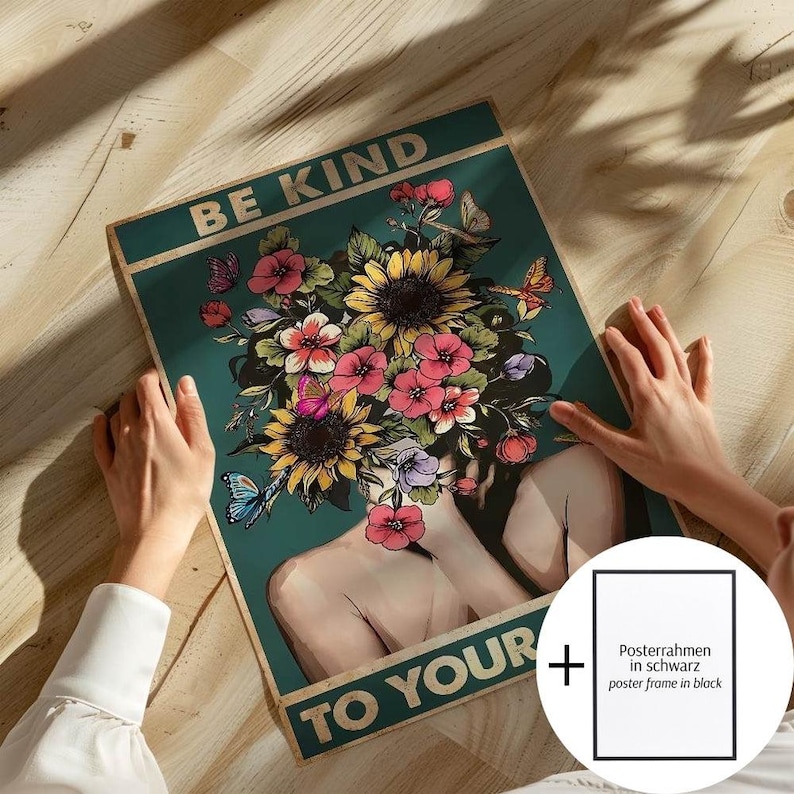 Be kind to your mind poster, vintage canvas, retro boho picture in green with flowers, living room wall decor, positive thoughts, self-care, love Poster mit Rahmen