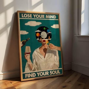 Perdi la testa, trova la tua anima, poster vintage, quadro su tela retrò in verde, stampa boho, quadro da parete per soggiorno, decorazione, vino, stampa artistica