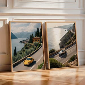 Porsche 911 on Lake Como / Amalfi Coast Poster, Vintage Porsche 911 Image, Landscape Photography Print, Yellow and White Porsche, Sports Car image 1