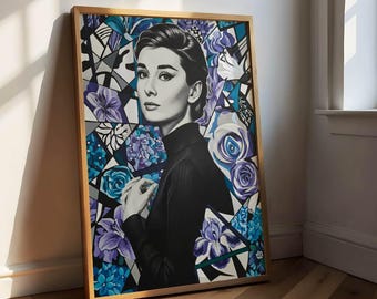 Poster di Audrey Hepburn, stampa su tela, stampa artistica retrò vintage in blu, arte murale floreale, icona del cinema di Hollywood, donna elegante