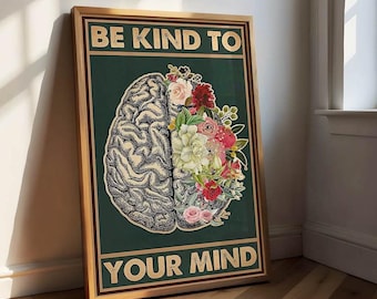 Sii gentile con la tua mente, poster, tela vintage, quadro boho retrò in verde con fiori, decorazione da parete per soggiorno, pensieri positivi, cura di sé, amore