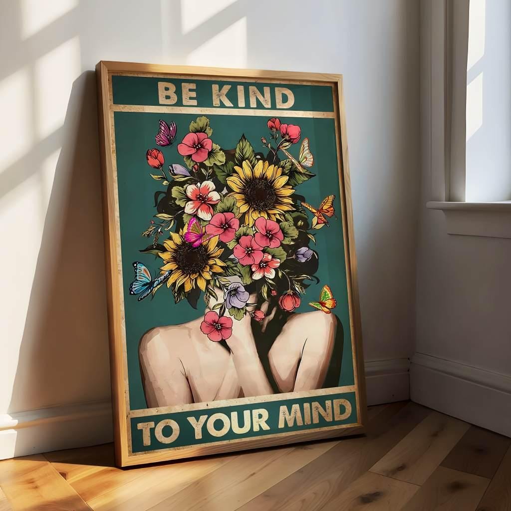 Pôster "Seja gentil com sua mente", tela vintage, imagem boho retrô em verde com flores, decoração de parede da sala de estar, pensamentos positivos, autocuidado, amor
