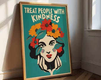 Pôster retrô, quadro em tela vintage, impressão boho, trate as pessoas com gentileza, imagem de parede para saúde mental, amor-próprio e cuidado
