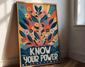Conheça seu poder, pôster feminista, arte feminina, pôster com flores, arte feminista, arte de parede retrô, quadro em tela LGBTQ