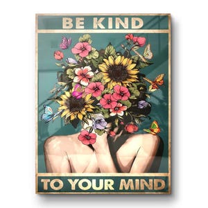 Be kind to your mind poster, vintage canvas, retro boho picture in green with flowers, living room wall decor, positive thoughts, self-care, love Acrylglas