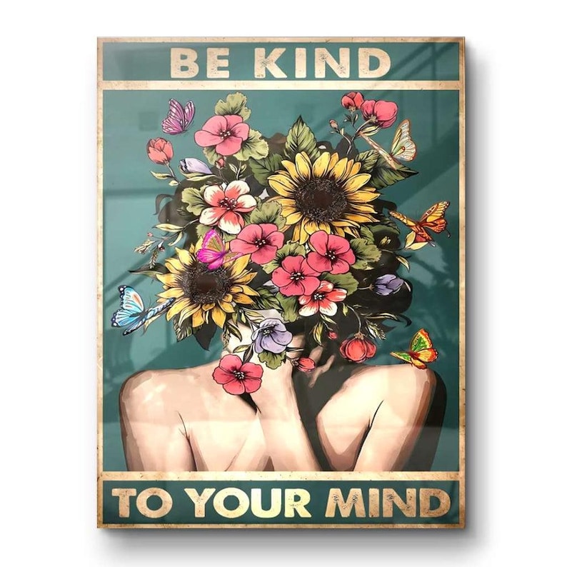 Be kind to your mind poster, vintage canvas, retro boho picture in green with flowers, living room wall decor, positive thoughts, self-care, love Acrylglas