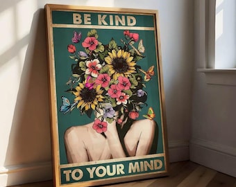 Poster "Sii gentile con la tua mente", tela vintage, immagine boho retrò in verde con fiori, decorazione per la parete del soggiorno, pensieri positivi, cura di sé, amore