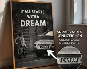 Poster personalizzato Porsche 911, stampa su tela, citazione motivazionale "Tutto inizia con un sogno", arredamento per ufficio, regalo per lo studio