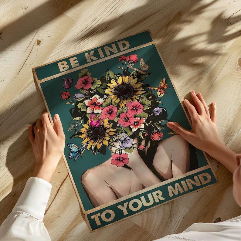 Be kind to your mind poster, vintage canvas, retro boho picture in green with flowers, living room wall decor, positive thoughts, self-care, love Poster