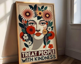 Poster retrò, quadro su tela vintage, stampa boho, quadro da parete "tratta le persone con gentilezza" per la salute mentale, l'amor proprio e la cura.