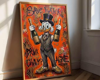 May include: A framed wall art print featuring a cartoon duck in a top hat and pinstripe vest holding two champagne bottles. The orange background displays gold coins and the text "SAVE WATER" at the top and "DRINK CHAMPAGNE" at the bottom.