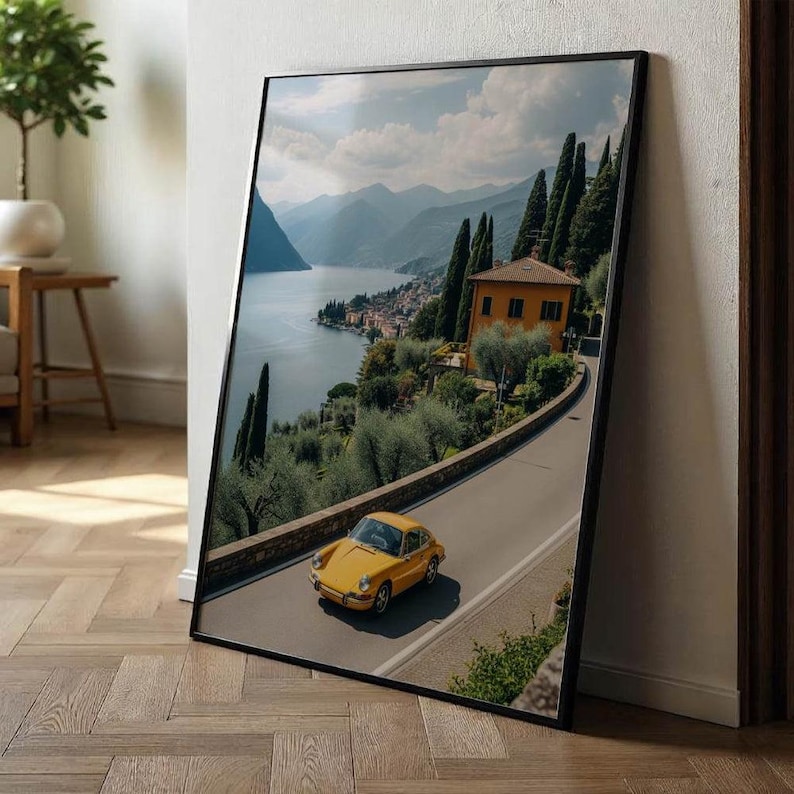 Porsche 911 on Lake Como / Amalfi Coast Poster, Vintage Porsche 911 Image, Landscape Photography Print, Yellow and White Porsche, Sports Car image 7