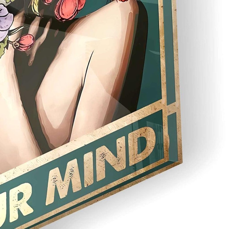 Be kind to your mind poster, vintage canvas, retro boho picture in green with flowers, living room wall decor, positive thoughts, self-care, love image 13
