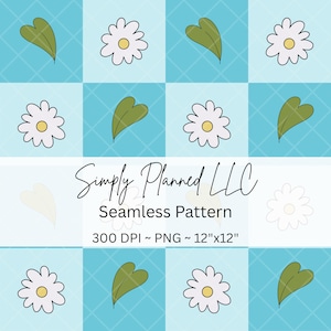 Flower and Checks Seamless Pattern | Fun Spring Flowers with Checkered background | 300 DPI Digital PNG | Instant Download Repeating Pattern