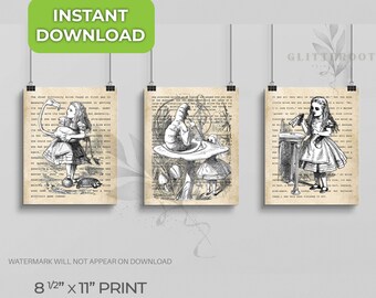 Alice in Wonderland set of 3 prints, Literary Wall art, Printable, Digital Download