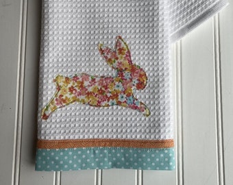 Easter/Spring Kitchen Towel - Fabric Trim Dish Towel - Applique Bunny - Hand Towel - Bar Mop Towel