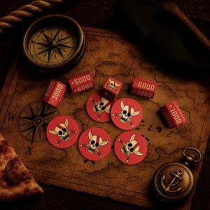 Peut inclure: Une scène de jeu de société sur une carte vintage avec une boussole et des pièces sur le thème des pirates. Des dés rouges et des jetons circulaires présentent un motif de tête de mort et d'os croisés. Une part de pizza et une montre de poche avec une ancre sont également présentes.