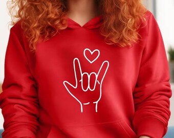 Love Sign Hoodie Valentine Gifts I Love You Hand Sign ASL Hoodie American Sign Language Teacher Clothes Valentines Day Teacher ASL Gifts