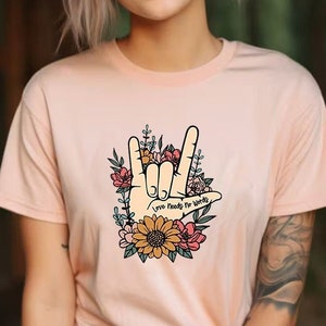 ASL Shirt Love Tshirt Hand Sign ASL Love Tshirt ASL Teacher Gifts Deaf Community Be Kind Shirt I Love You Tshirt Floral Shirt Trending Now image 1