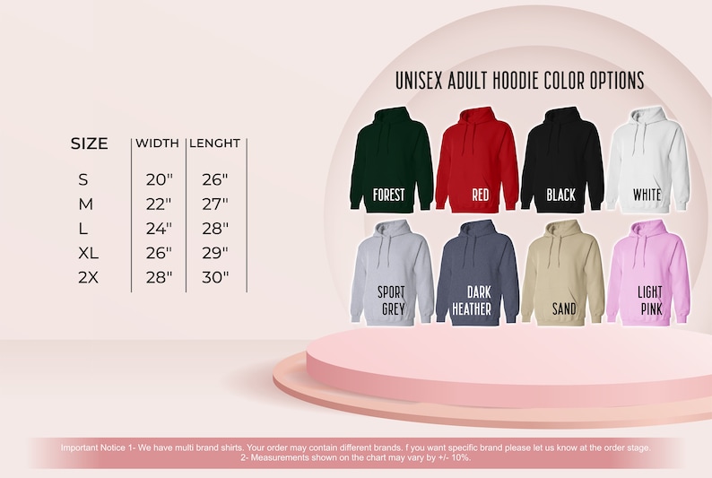 May include: Unisex adult hoodie size chart with measurements in inches. The chart shows the width and length of the hoodie in each size: S, M, L, XL, and 2X. The chart also shows the different color options for the hoodie: Forest, Red, Black, White, Sport Grey, Dark Heather, Sand, and Light Pink.