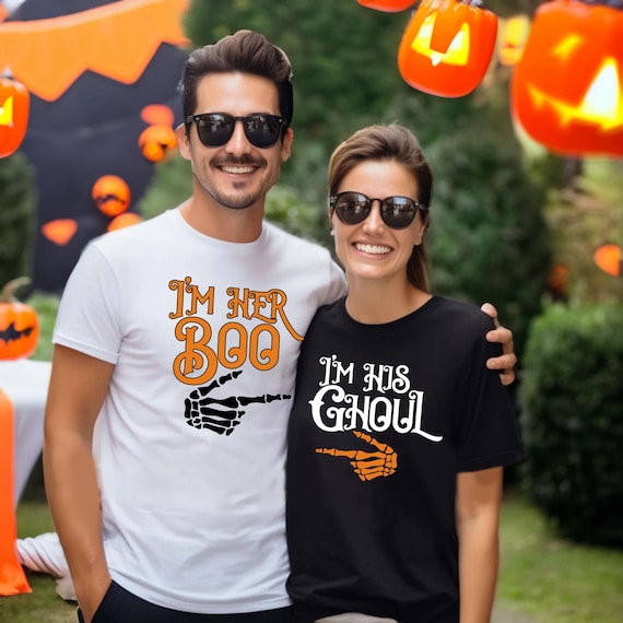 Halloween Couple Matching Shirts Halloween Spooky Couple Gifts Skeleton Shirts Funny Halloween Clothes I'm Her Boo Tee I'm His Ghoul Shirt