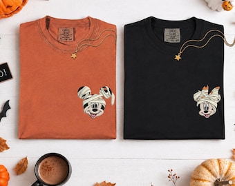 Disney Halloween Embroidery Shirt Mickey Mouse Minnie Mouse Mummy Shirt Spooky Season Embroidered Comfort Color Couple Disney Vacation Shirt