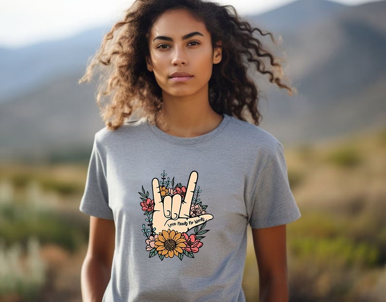 ASL Shirt Love Tshirt Hand Sign ASL Love Tshirt ASL Teacher Gifts Deaf Community Be Kind Shirt I Love You Tshirt Floral Shirt Trending Now image 4