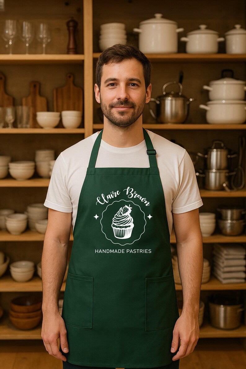 May include: A dark green apron with white text reading "Claire Brown Handmade Pastries". The apron has a cupcake design and two pockets. The person is wearing a white t-shirt in a kitchen setting.