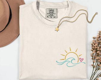 Summer Embroidery Sun Waves Shirt Embroidered Beach Shirt Holiday Tshirt Embroidery Sea Shirt Summer Vibes Comfort Colors Shirt Trendy Shirt