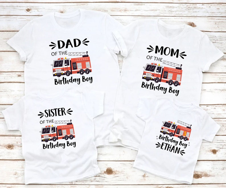 Fire Truck Birthday Shirt, Boys Firetruck Themed Birthday Gift, Toddler Boy Fire Fighter T-shirt, Family Kids Matching Tees, Age Celebration image 5