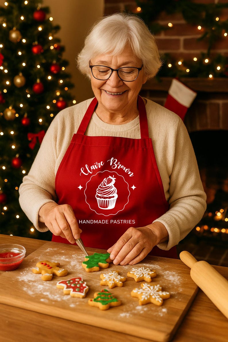 May include: A person wearing a red apron with the text "Claire Brown Handmade Pastries" decorates Christmas biscuits. The biscuits are on a wooden board and include gingerbread men, Christmas trees, and snowflakes. A rolling pin is visible.