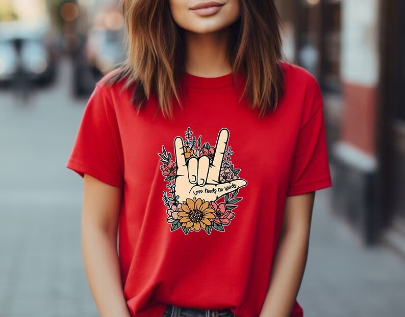 ASL Shirt Love Tshirt Hand Sign ASL Love Tshirt ASL Teacher Gifts Deaf Community Be Kind Shirt I Love You Tshirt Floral Shirt Trending Now image 2